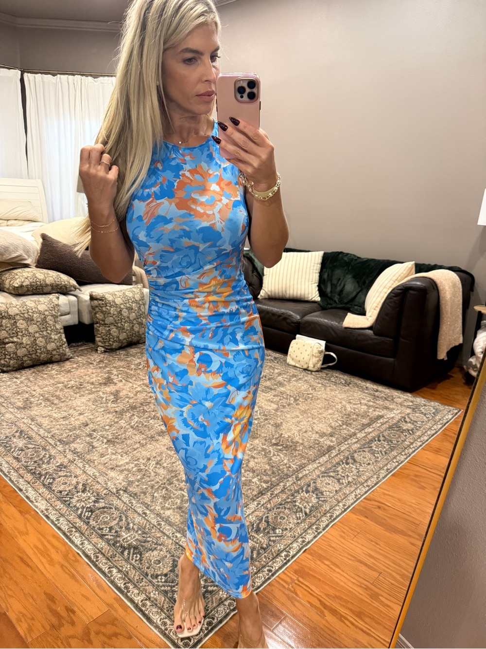 Sleeveless Blue & Orange Floral Midi Dress